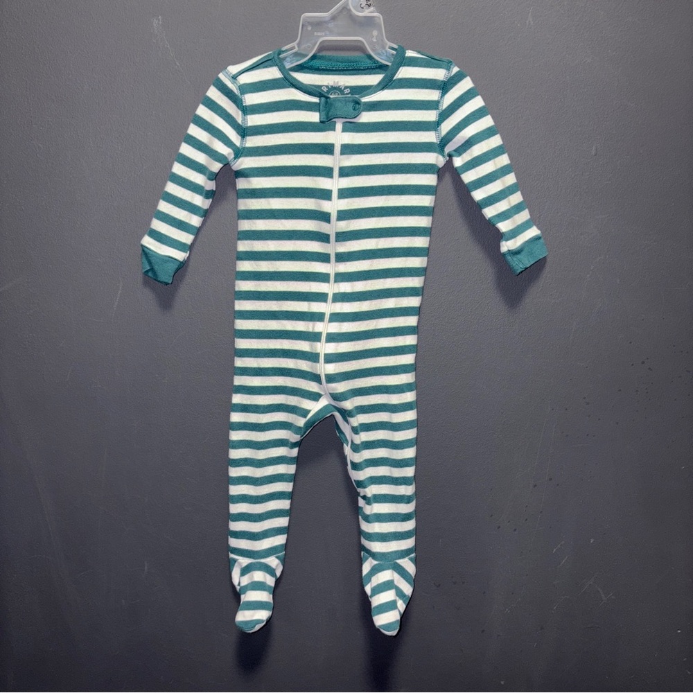 Primary  6-9m Organic Cotton Footed Sleeper Pajamas Footie Green White Stripe